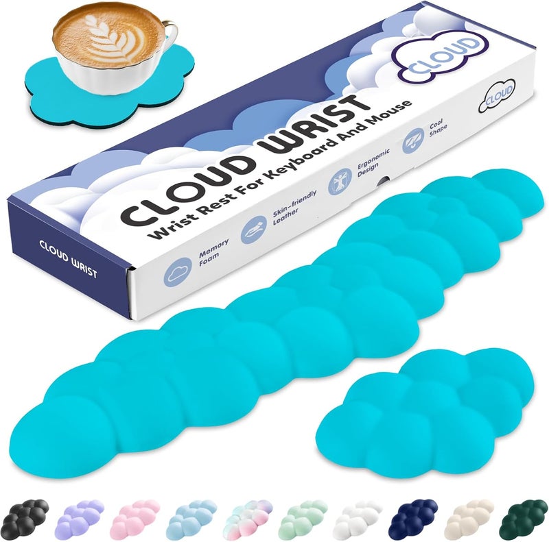 Sushret Cloud Wrist Rest for Keyboard and Mouse, Memory Foam PU Leather Keyboard Wrist Rest with Ergonomic Support, Non-Slip Base, Cute Arm Rest Pad & Palm Cushion, Office Desk Accessory, Scuba Blue - Image 1